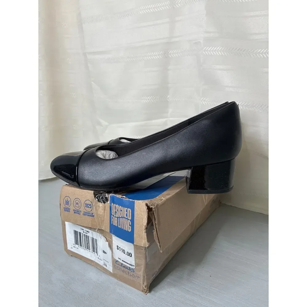 Clarks Marilyn Sara Cap Toe Block Heel Pumps Black Womens Size 11M